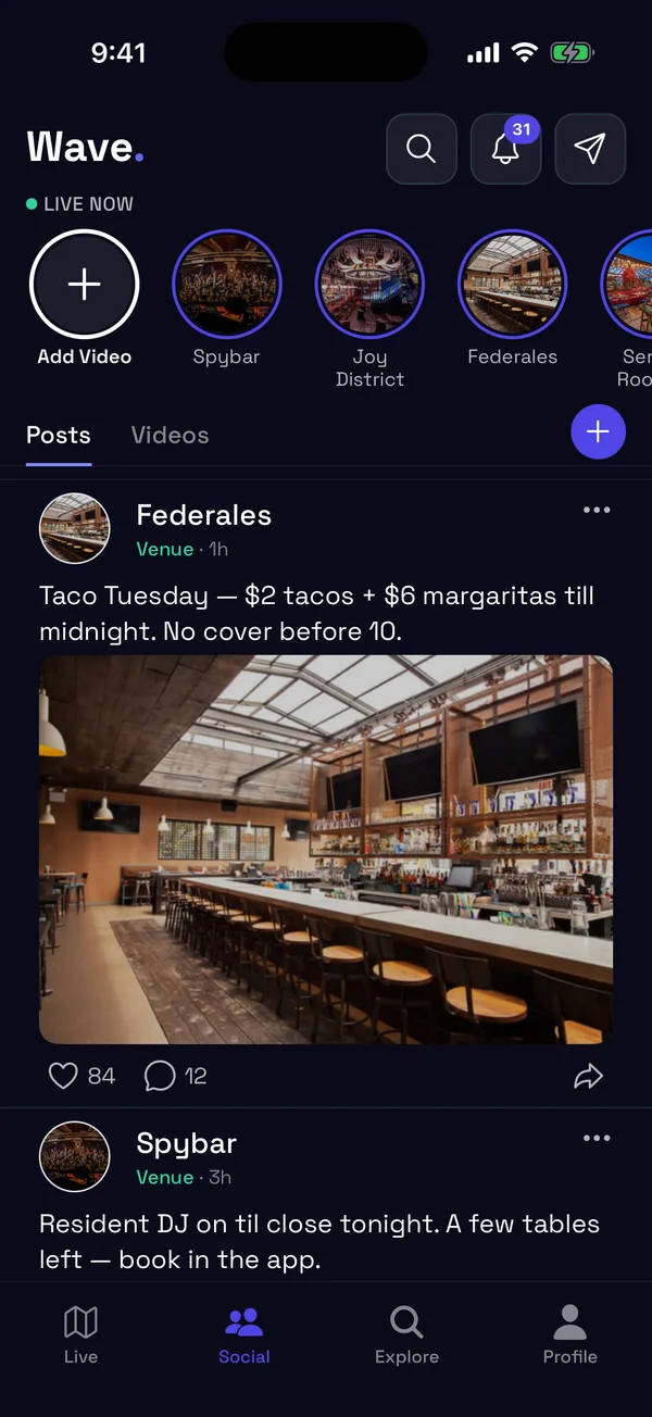 Wave social feed screen